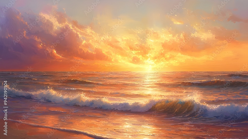 A tranquil painting of a coastal sunset, where warm hues of orange, pink, and gold blend seamlessly across the sky and reflect off the gentle waves of the sea. A tranquil painting of a coastal sunset, where warm hues of orange, pink, and gold blend seamlessly across the sky and reflect off the gentle waves of the sea.