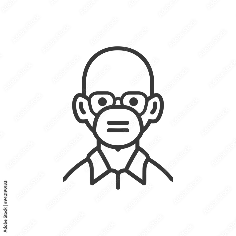 Line art illustration of a man wearing glasses and a face mask Line art illustration of a man wearing glasses and a face mask