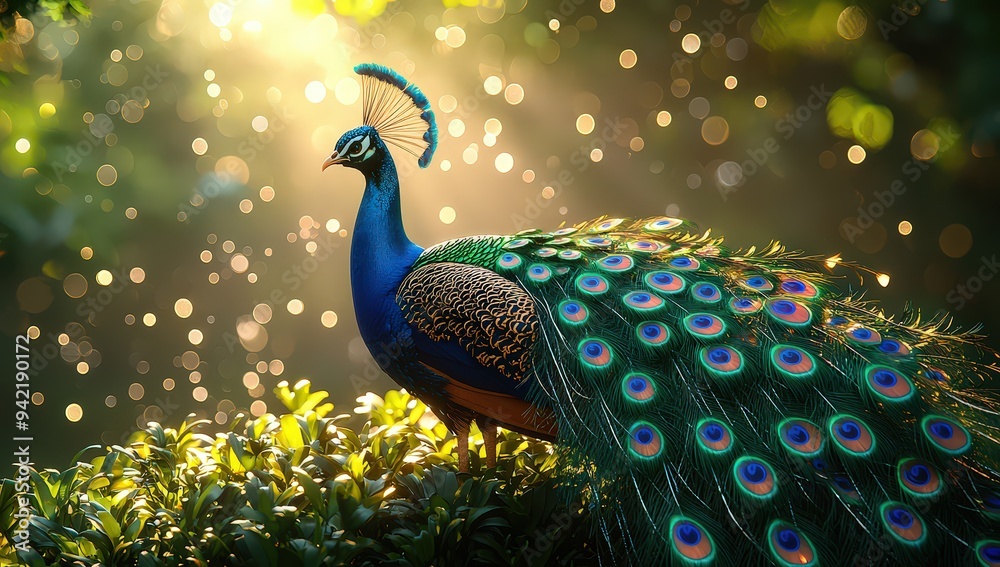 A majestic peacock with vibrant feathers, standing in the forest under sunlight, surrounded by lush greenery and sparkling dewdrops on its tail. A majestic peacock with vibrant feathers, standing in the forest under sunlight, surrounded by lush greenery and sparkling dewdrops on its tail.