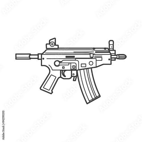 Line art illustration of a modern assault rifle