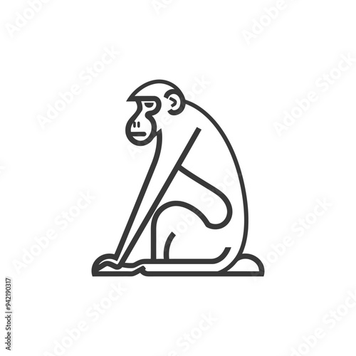 Line art illustration of a monkey sitting on its haunches