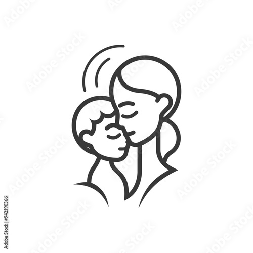 Line Art Illustration of a Mother Kissing Her Child on the Forehead