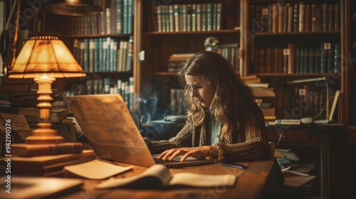 Student researching historical event with realistic photo from online library resources