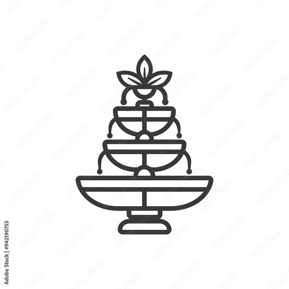 Line Art Illustration of a Multi Tiered Fountain with a Flower on Top