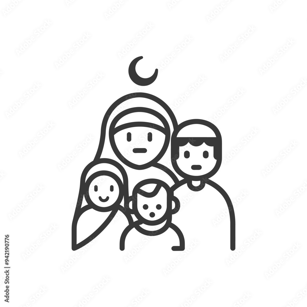 Line Art Illustration of a Muslim Family with a Crescent Moon Line Art Illustration of a Muslim Family with a Crescent Moon