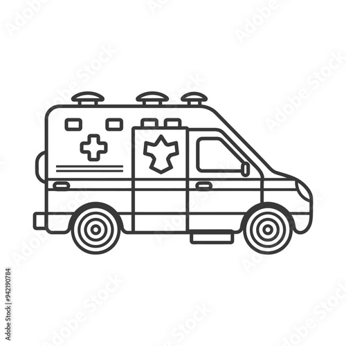Line art illustration of an ambulance with a cross and star