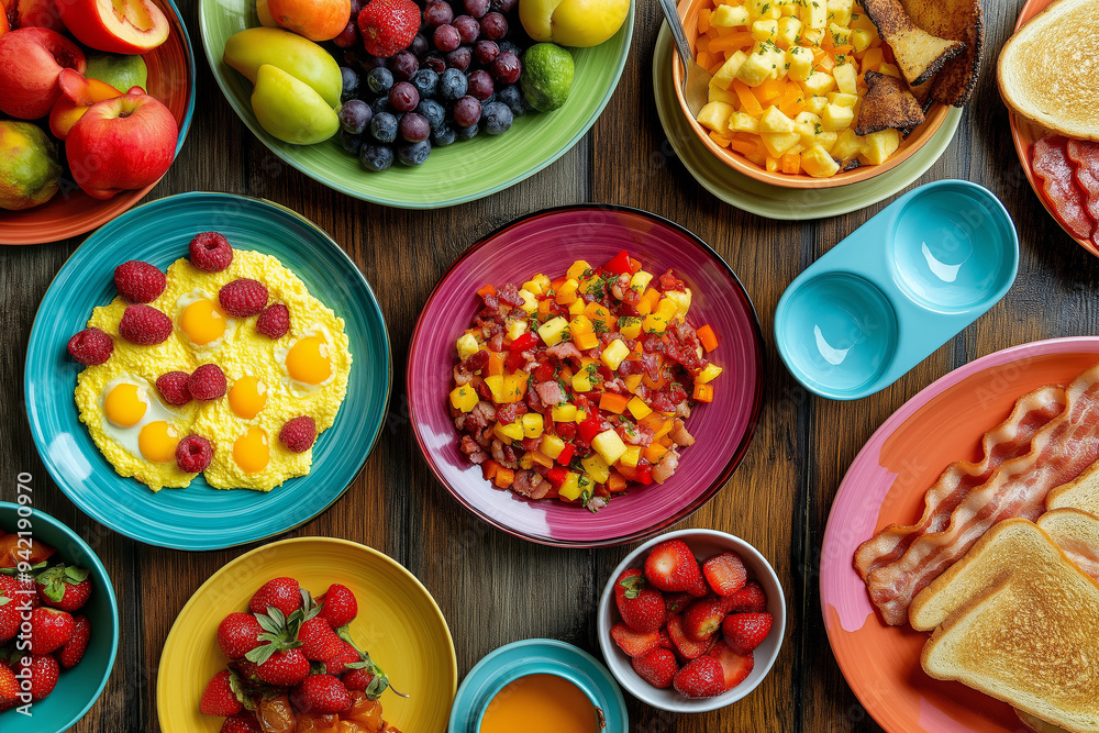 Top view of a breakfast table flat lay with a variety of foods including scrambled eggs, bacon, toast, and fresh fruit on colorful plates. Top view of a breakfast table flat lay with a variety of foods including scrambled eggs, bacon, toast, and fresh fruit on colorful plates.