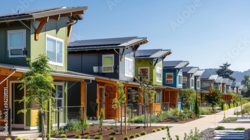 A row of affordable housing units, designed with community spaces and eco-friendly features