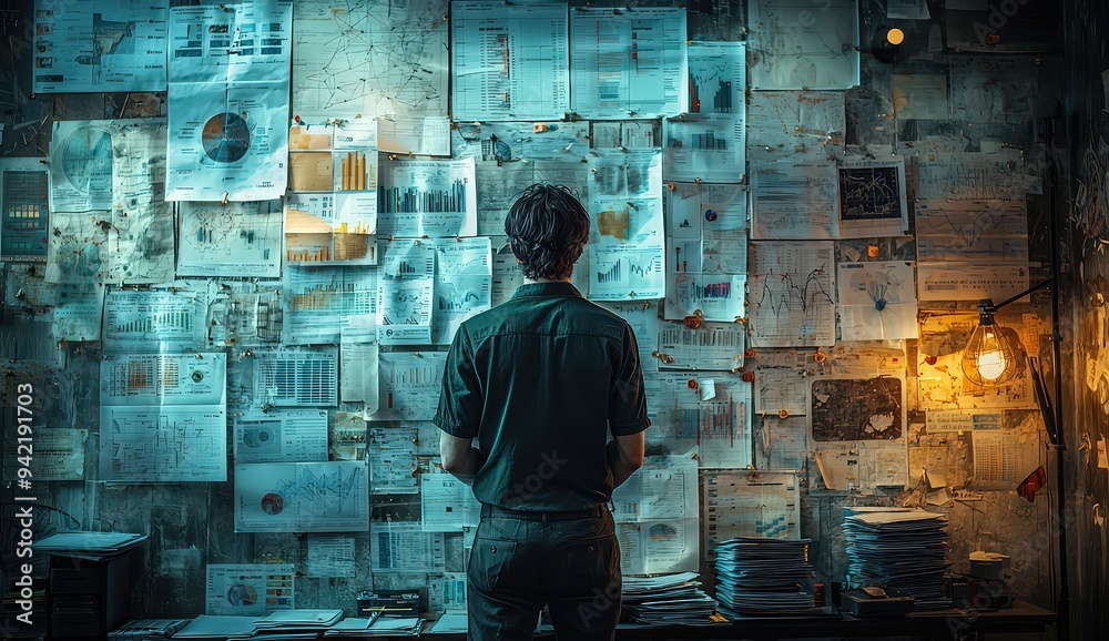 A man stands in front of a wall covered with data charts and graphs, shot from behind. A man stands in front of a wall covered with data charts and graphs, shot from behind.