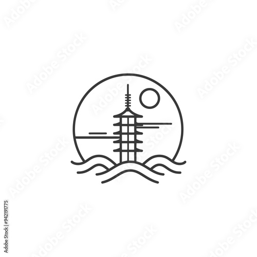 Wallpaper Mural Line Art Illustration of a Pagoda in the Sea Torontodigital.ca