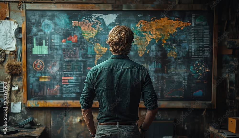 A man stands in front of a wall covered with various graphs and data, examining it from behind. A man stands in front of a wall covered with various graphs and data, examining it from behind.