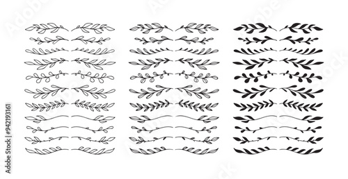 Hand drawn floral text divider isolated Doodle style set. Silhouette branches for invitations, web, books, greeting cards. 