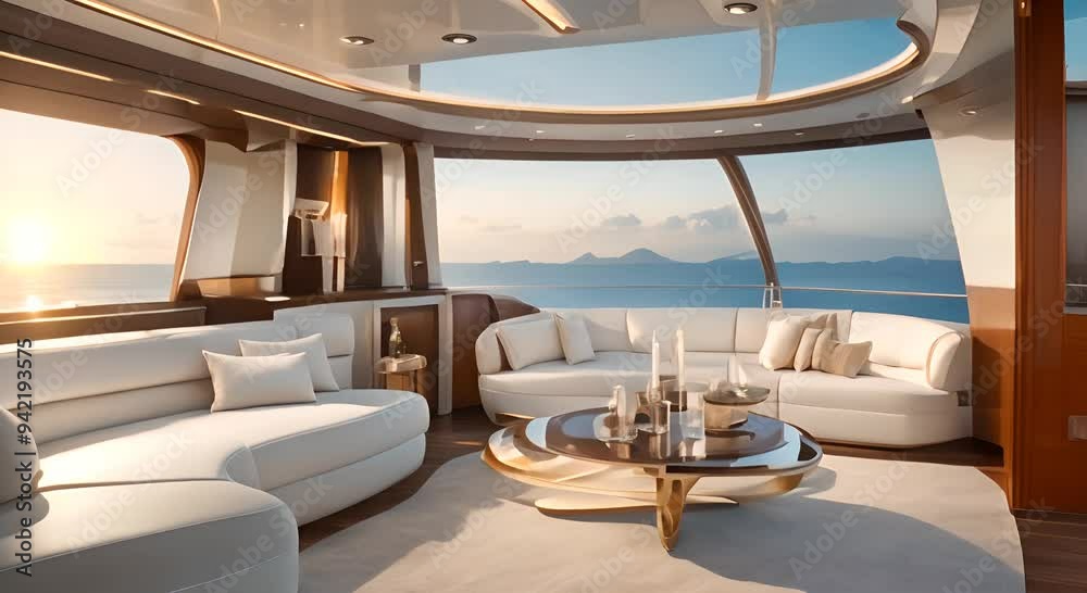 Luxurious yacht interior with white leather seating and an ocean view 4k animation Luxurious yacht interior with white leather seating and an ocean view 4k animation