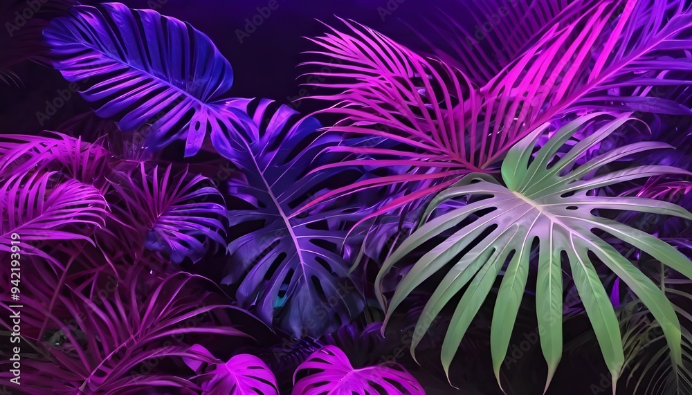 Obraz premium tropical leaves illuminated with neon colors in a dark setting, banner