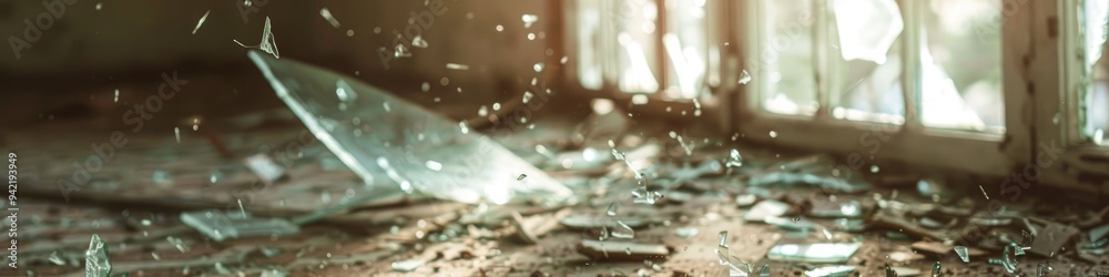Shattered glass fragments in a deserted building with a blurred background. Shattered glass fragments in a deserted building with a blurred background.
