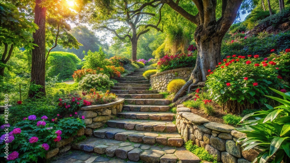 Winding stone stairs adorned with lush greenery and vibrant flowers lead up to a serene garden oasis, surrounded by ancient trees and dappled sunlight. Winding stone stairs adorned with lush greenery and vibrant flowers lead up to a serene garden oasis, surrounded by ancient trees and dappled sunlight.
