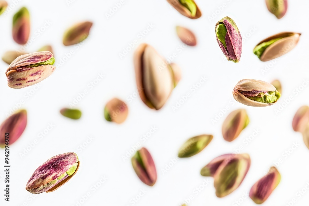 A collection of scattered pistachio nuts showcasing their vibrant colors and textures. A collection of scattered pistachio nuts showcasing their vibrant colors and textures.