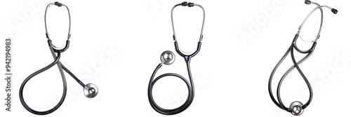 Set of A stethoscope with a heart-shaped tubing arrangement isolated on transparent background