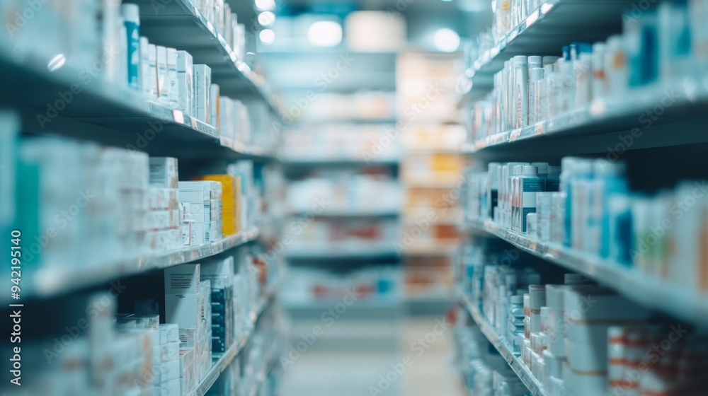 Aisle of shelves in a pharmacy with various medications and products. Aisle of shelves in a pharmacy with various medications and products.