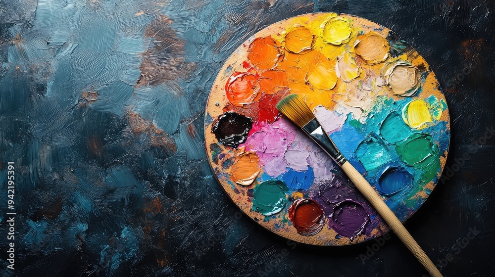 Fototapeta premium Colorful Palette with Vibrant Hues and Paintbrush Ready for Creative Expression with Watercolors on a Dark Backdrop