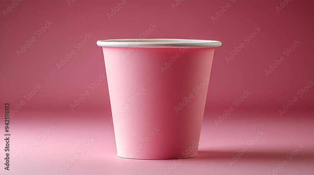 Pink disposable paper cup with white rim on a pink background. Pink disposable paper cup with white rim on a pink background.