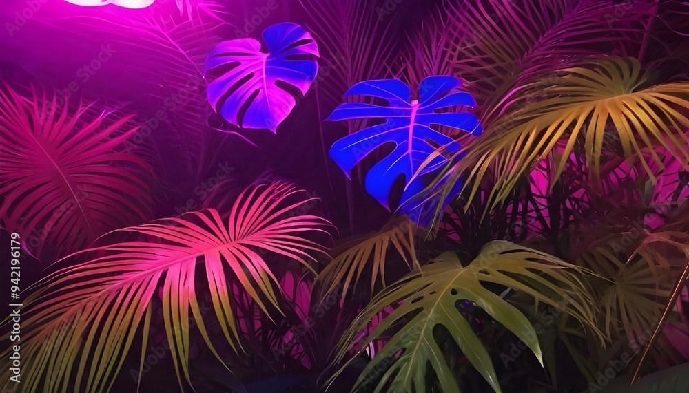 tropical leaves illuminated with neon colors in a dark setting, banner tropical leaves illuminated with neon colors in a dark setting, banner