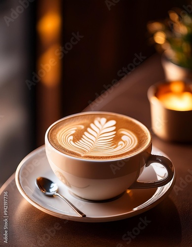 A beautifully crafted cup of café latte with intricate barista-style foam art, rich coffee, copy space, vertical.