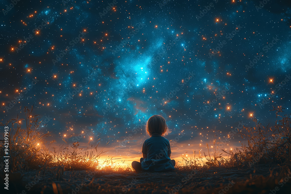 A child gazing in awe at a night sky filled with shooting stars. Concept of wonder and endless possibility. Generative Ai. A child gazing in awe at a night sky filled with shooting stars. Concept of wonder and endless possibility. Generative Ai.