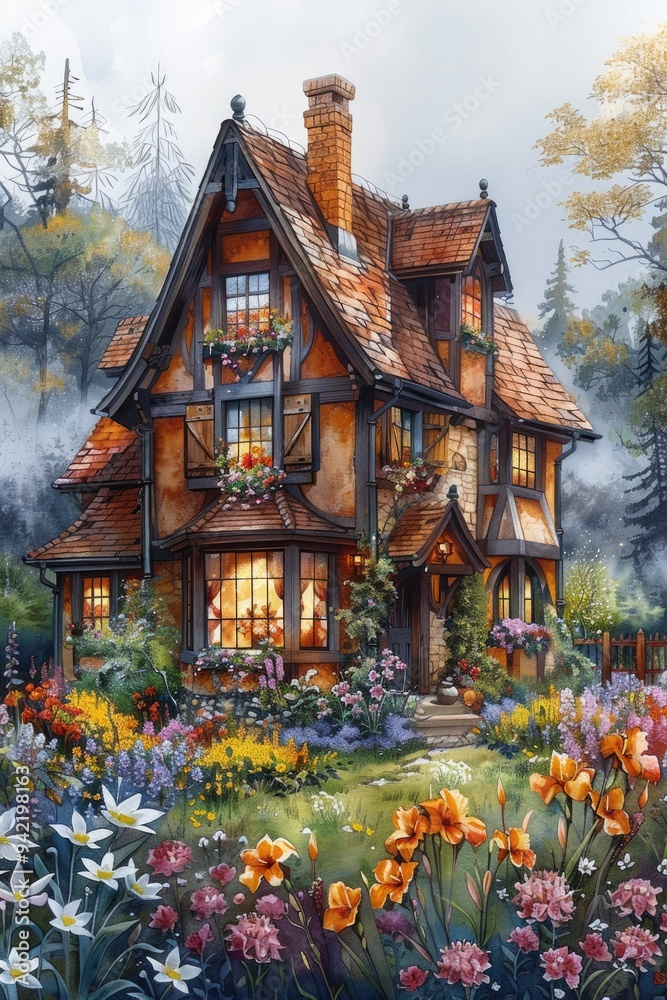 Fototapeta premium A fairy-tale house with shimmering walls and whimsical spires is nestled among a sprawling garden of colorful lilies and irises, with a mystical forest shrouded in morning fog.