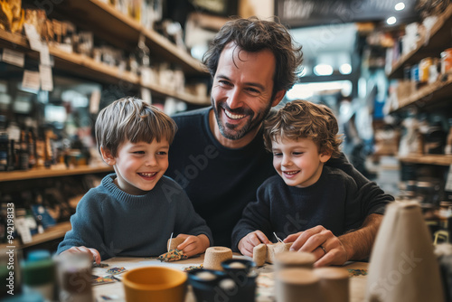 Joyful father and children enjoying arts and crafts together in a cozy studio on a sunny afternoon