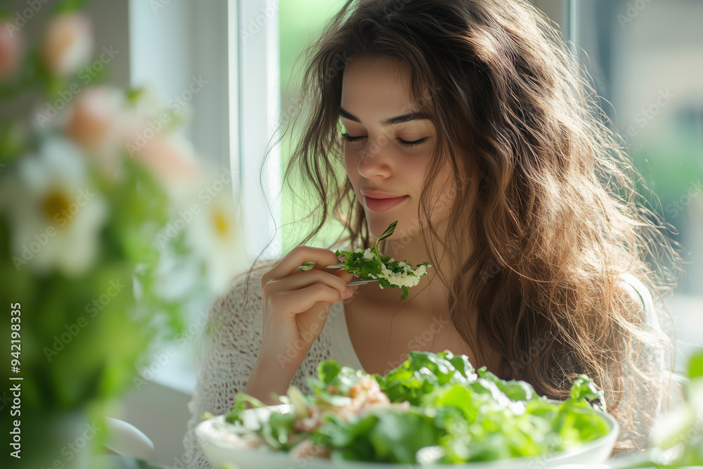 Young woman enjoying a fresh salad while relaxing by a sunlit window surrounded by vibrant flowers in a cozy setting Young woman enjoying a fresh salad while relaxing by a sunlit window surrounded by vibrant flowers in a cozy setting