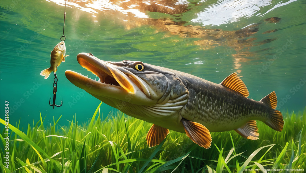 Northern pike freshwater fish striking lure in the lake, water animals and wildlife, nature background, fishing, catch and release