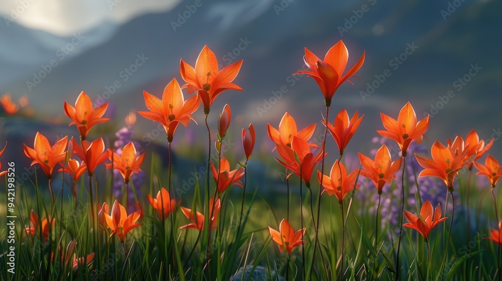 Obraz premium Orange blossoms with slender green stems are vibrant in the foreground, with the background blurred to reveal the gentle slopes of a hillside.