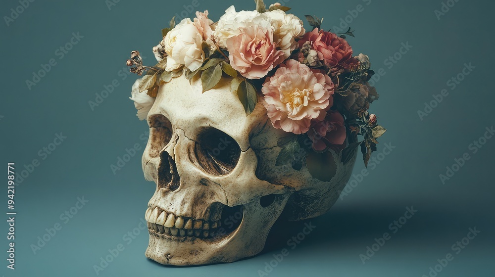 Naklejka premium Vibrant Skull with Floral Adornments: A Unique Blend of Life and Death in a Colorful Artistic Representation