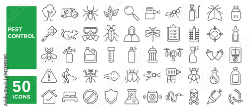 Set of 50 line icons related to pest control, bug, pesticide, insecticide, rat, extermination, insects, spray, ant, Editable stroke. Vector illustration