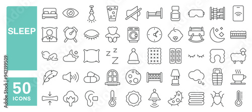 Set of 50 line icons related to sleep, pillow, bed, alarm, sleeping, bedroom, clock, insomnia, pills, mattress, glasses, night, rest, Editable stroke. Vector illustration