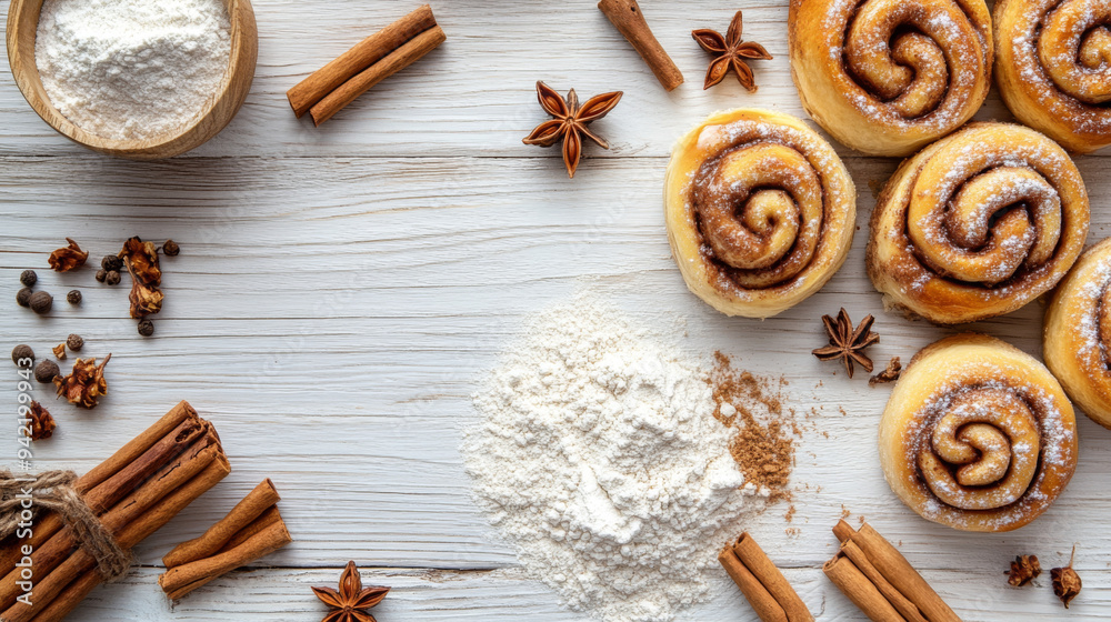 A table with cinnamon rolls and spices