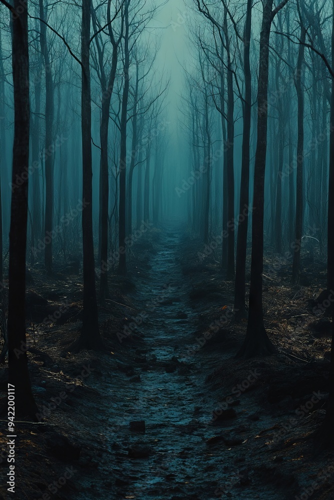 Naklejka premium A dark forest with a path in the middle of it