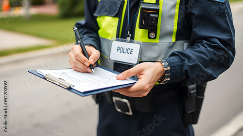 Close-up of traffic police officer writing a ticket. Generative AI
