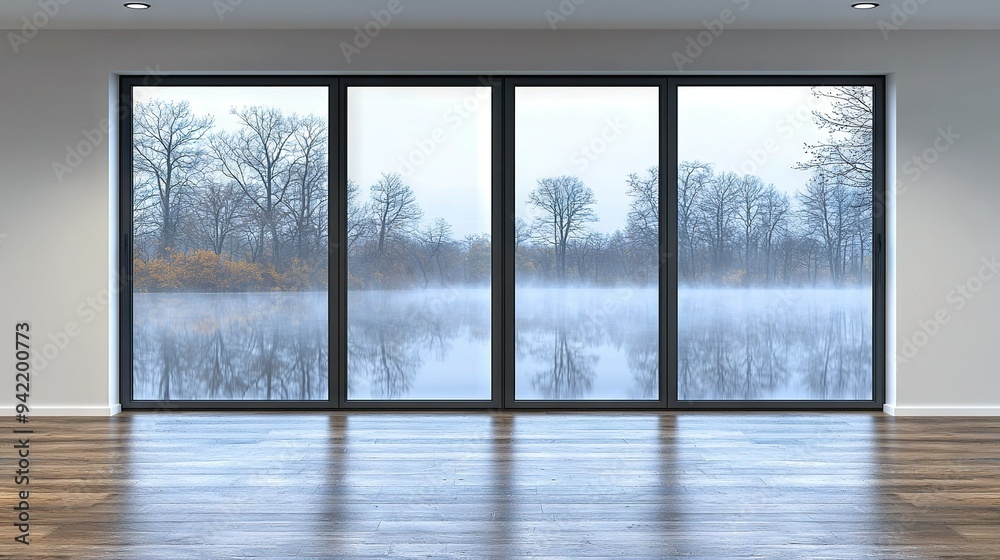 Room with large window offering scenic lake and tree views beyond Room with large window offering scenic lake and tree views beyond