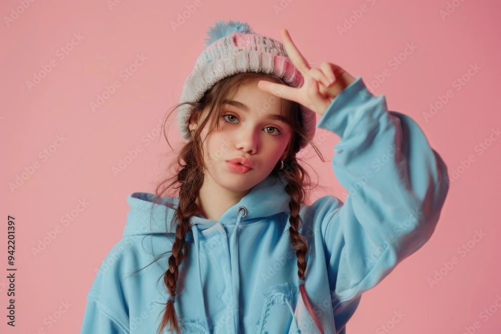Young girl wearing blue jacket and hat, holding up hand in peace sign gesture Young girl wearing blue jacket and hat, holding up hand in peace sign gesture