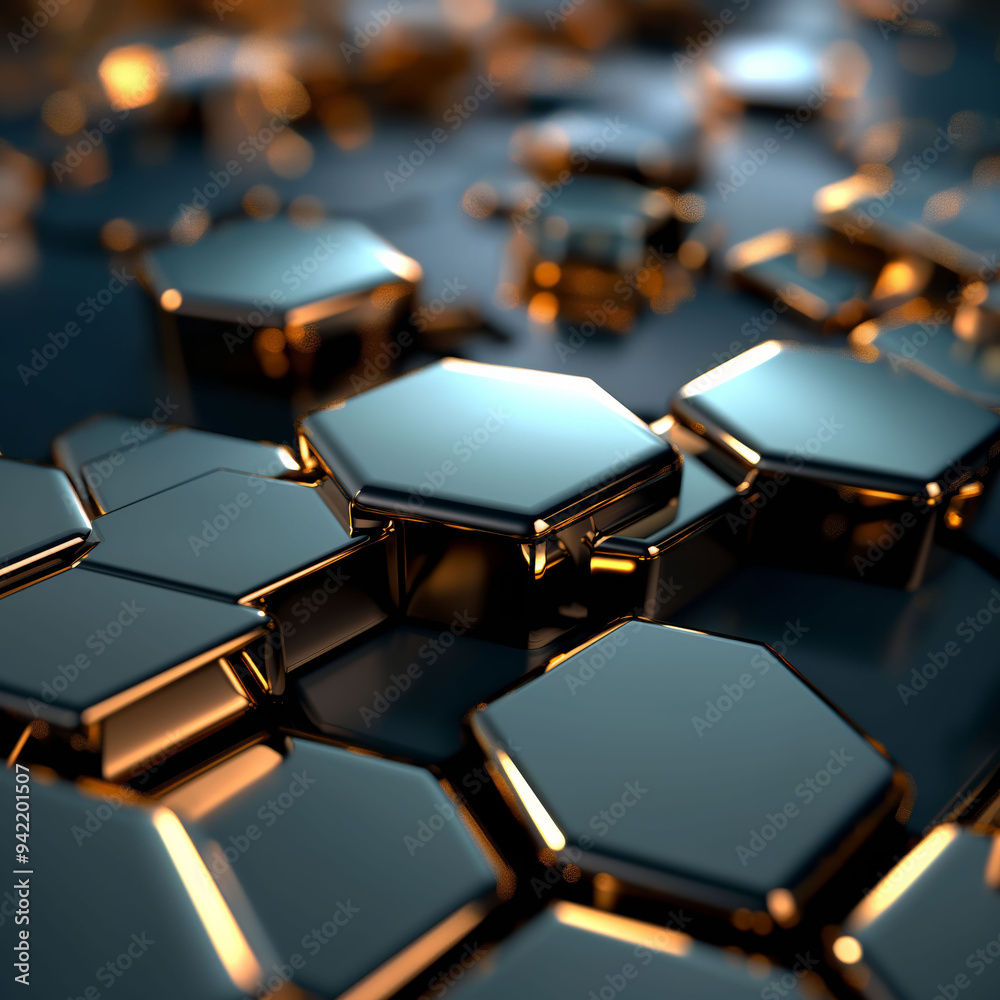 Fototapeta premium Glistening Metallic Hexagons: An Abstract Reflection on Dark Surface