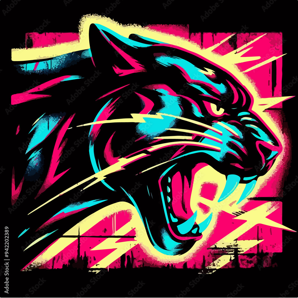 Naklejka premium Panther Silhouette in Neon Colors, Vector-style with Grungy Print. Rebellious Sticker Design Featuring Intense Colors, Abstract Grunge Background, and Raw, Gritty Punk Rock Aesthetics. Flat colors
