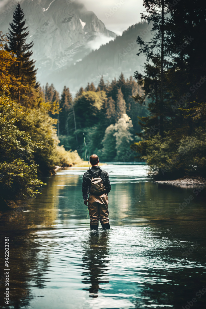 Fisherman in waders standing knee-deep in a river, fly fishing amidst beautiful nature.