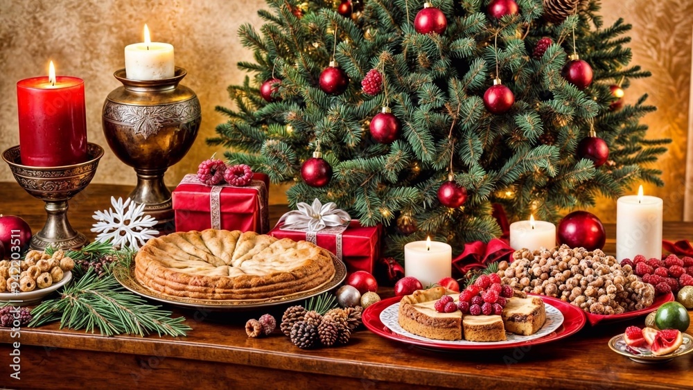 Decorated Christmas tree with festive table with candles and gifts Decorated Christmas tree with festive table with candles and gifts