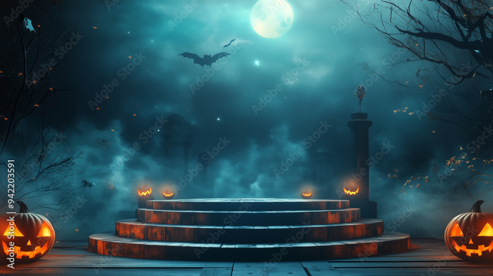 Obraz premium Midnight Ritual: The Haunting Ceremony , banner ad, halloween theme, podium, space for text 