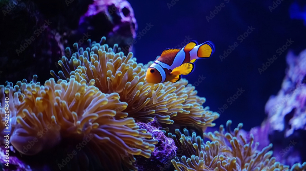 A neon orange and white fish swims in a sea of green and purple coral A neon orange and white fish swims in a sea of green and purple coral