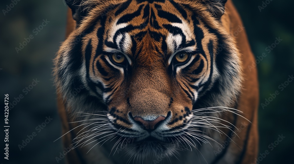 Fototapeta premium A close-up of a tiger's face, showcasing its striking features and intense gaze.