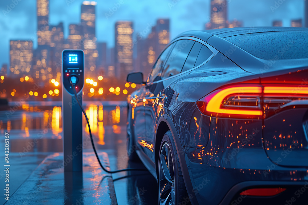 Electric car charging at a station with a cityscape in the background