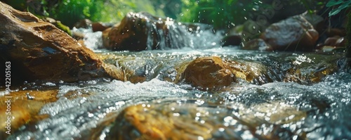 A close-up view of a serene, flowing stream with clear water and rocks in a lush, green forest setting on a sunny day. photo